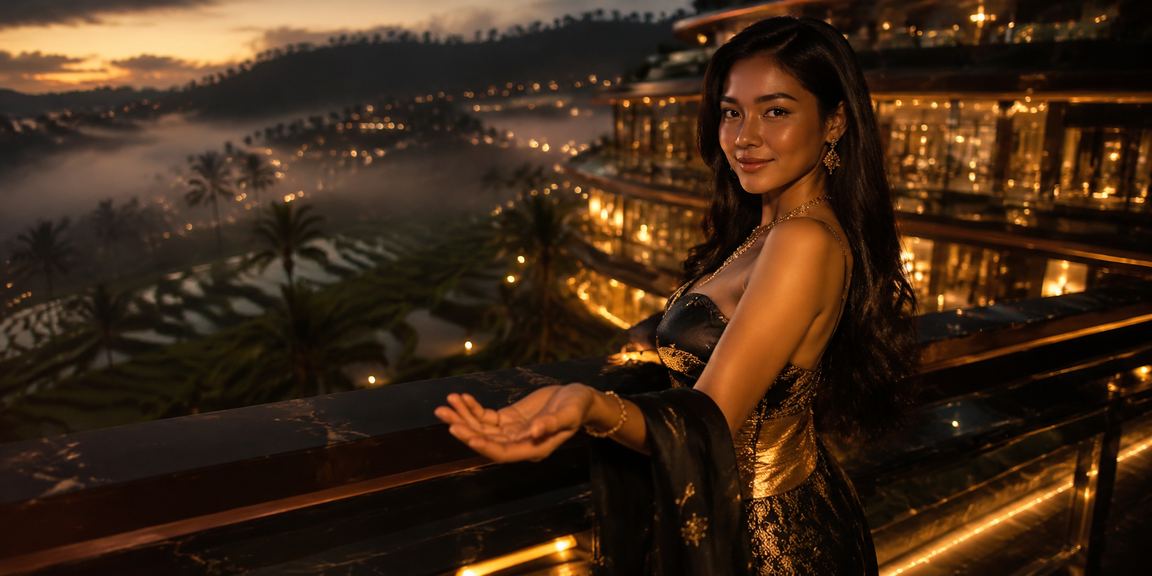 Model menampilkan tampilan bonus VIP di perangkat mobile dengan latar neon