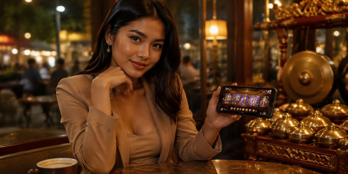 Pengguna mengakses kasino mobile sambil menikmati kopi di kafe modern