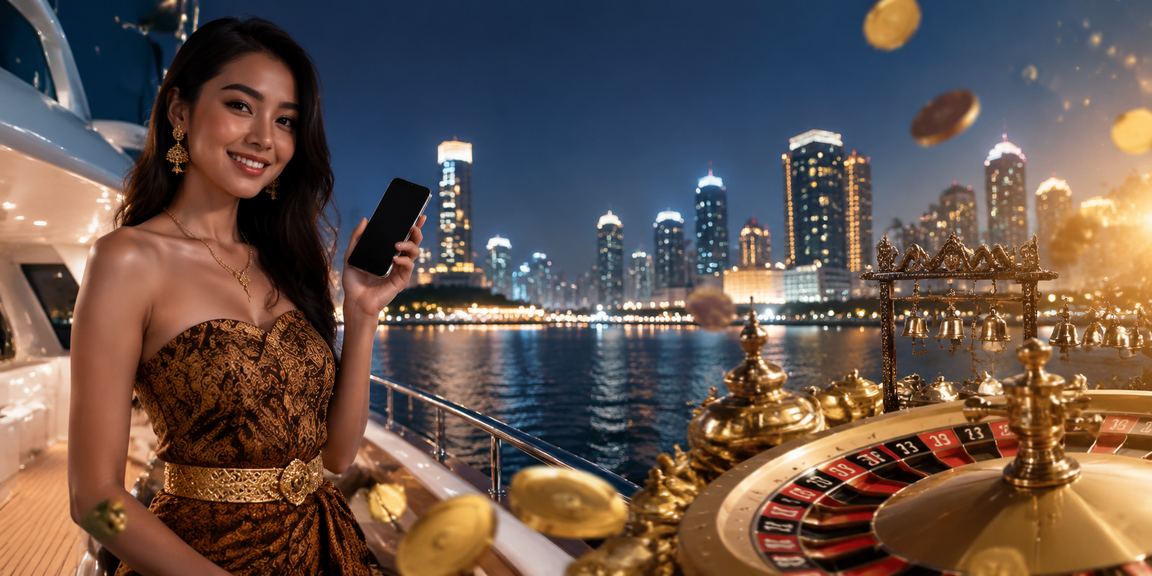 Model perempuan memainkan roulette online dengan tampilan layar ponsel menyala